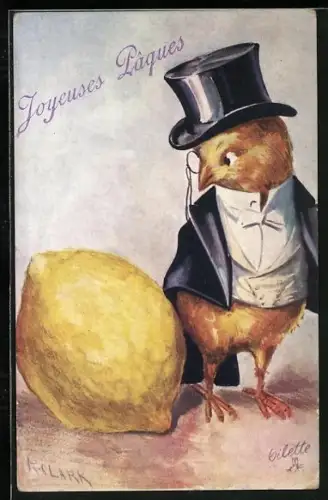 Künstler-AK Osterküken mit Monokel und Zylinderhut neben Zitrone, Joyeuses Paques