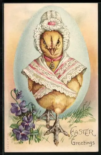 Künstler-AK Osterküken mit Haube vor einem Ostererei, Easter Greetings