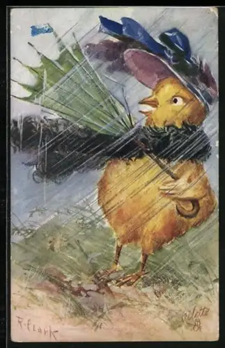 Künstler-AK Osterküken mit Regenschirm in einem Sturm