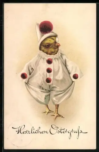 Künstler-AK Osterküken in weissem Kostum mit Monokel, Herzlichen Ostergruss