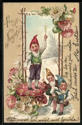 Lithographie Prosit Neujahr, Zwerge feiern an einem Pilz, Kleeblätter