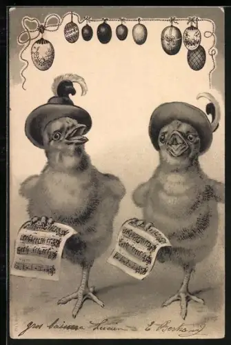 Lithographie Zwei Osterküken singen zusammen