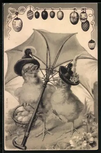 Lithographie Osterkükenmit Hüten und Schirm