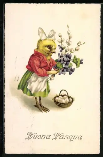 AK Osterküken mit Blumen und Eierkörbchen, Buona Pasqua