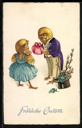 Künstler-AK Osterküken mit Osteri und Blumen, Fröhliche Ostern