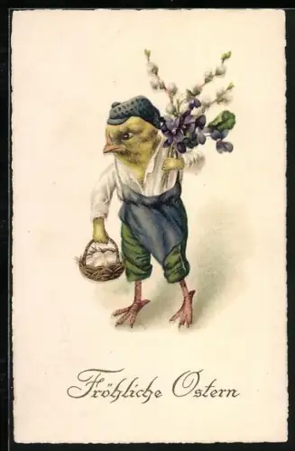 AK Osterküken mit Veilchen und Ostereiern, Fröhliche Ostern