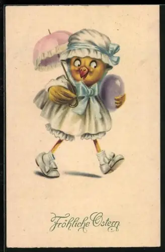 Künstler-AK Osterküken mit Schirmchen und Osterei, Fröhliche Ostern