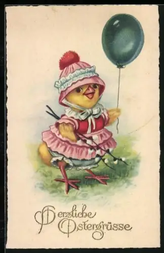 Künstler-AK Osterküken mit Luftballon und Weidenkätzchen, Herzliche Ostergrüsse