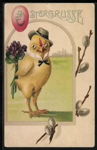 Künstler-AK Osterküken mit Veilchen und Weidenkätzchen, Ostergrüsse