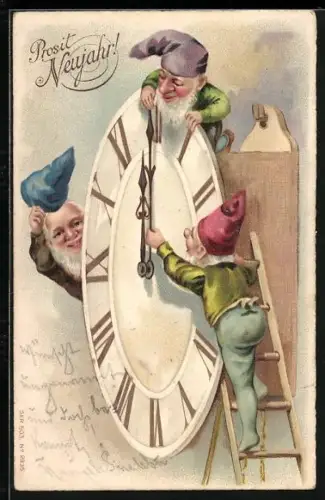 Lithographie Zwerge stellen eine Uhr auf 12, Prosit Neujahr