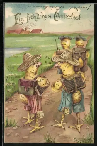 Lithographie Osterküken auf dem Weg zur Schule, Ein fröhliches Osterfest
