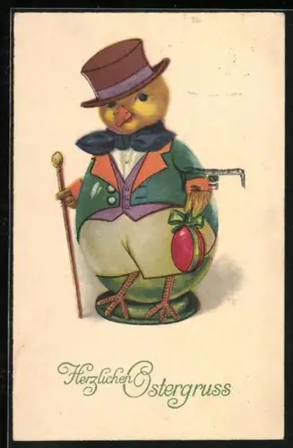 Künstler-AK Osterküken mit Gehstock und Ostereri, Herzlichen Ostergruss