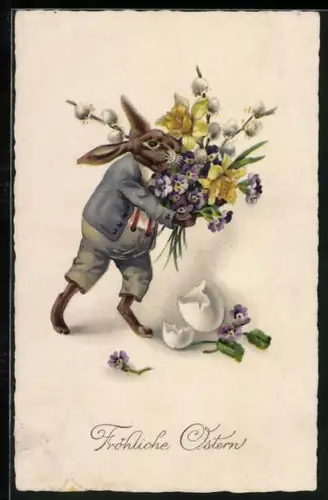 Künstler-AK Osterhase mit einem Strauss aus Vergissmeinnicht, Weidekätzchen und Narzissen