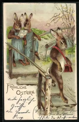 Lithographie Briefträger-Hase bringt Osterpost, Fröhliche Ostern
