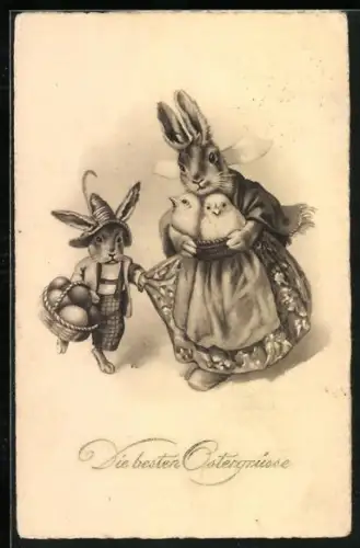 Künstler-AK Zwei Osterhase mit einem Korb voll Ostereiern und einem Korb voll Küken