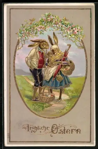 Künstler-AK Osterhasen-Paar mit einem Korb voll Ostereier