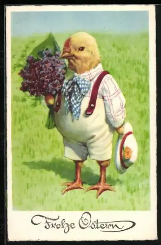 Künstler-AK Osterküken mit Hut und einem Blumenstrauss, Frohe Ostern