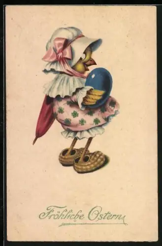AK Osterküken mit schirm und blauem Ostereri, Fröhliche Ostern