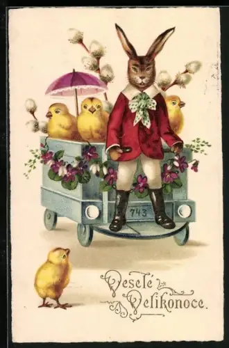 Künstler-AK Osterhase und Osterküken fahren mit einem Wagen, Vesele Velikonoce