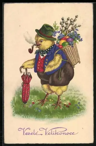 Künstler-AK Osterküken mit Pfeife und Korb mit Ostereiern und Weidenkätzchen, Vesele Velikonoce