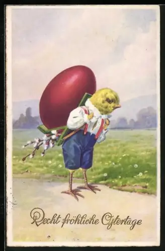 Künstler-AK Osterküken trägt ein grosses Osterei auf dem Rücken