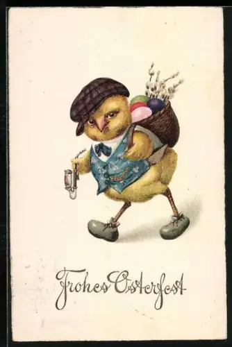 Künstler-AK Osterküken mit Pfeife und Korb voller Ostereier, Frohes Osterfest