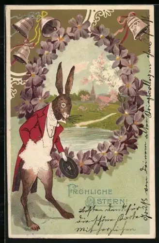 Lithographie Osterhase am Dorfrand mit läutenden Glocken & Veilchen, Fröhliche Ostern