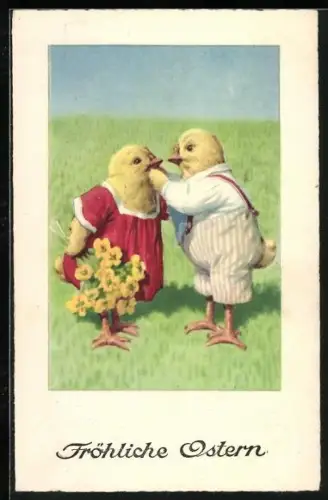 Künstler-AK Osterküken mit Blumen auf einer Wiese, Fröhliche Ostern