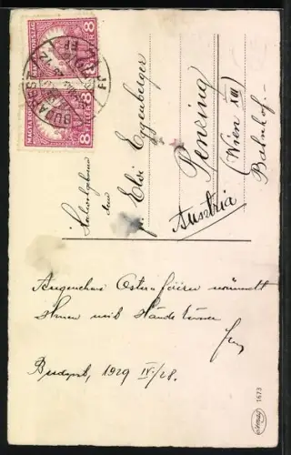 Künstler-AK Küken mit Osterei und Schirmchen, Hugveti Udvözlet