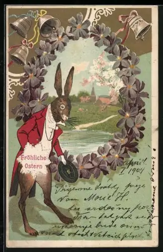 Lithographie Osterhase am Dorfrand mit läutenden Glocken und Veilchen, Fröhliche Ostern