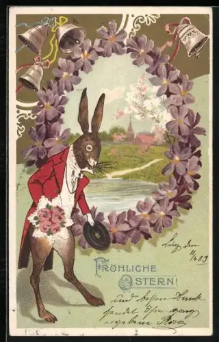 Lithographie Osterhase läutenden Glocken und einem Kranz aus Veilchen, Fröhliche Ostern