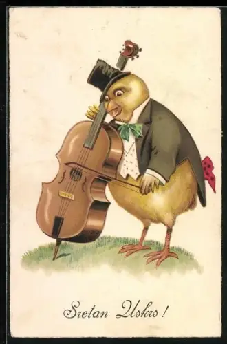 Künstler-AK Osterküken spielt ein Musikintrument, Sretan Uskrs