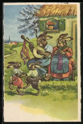 Künstler-AK Osterhasen-Familie vor ihrem Haus