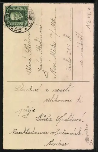 Künstler-AK Osterhase schleppt riesiges Osterei, Vesele Velikonoce