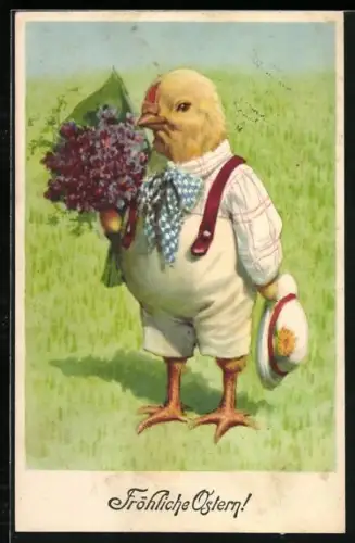 Künstler-AK Osterküken mit Blumenstrauss und Hut