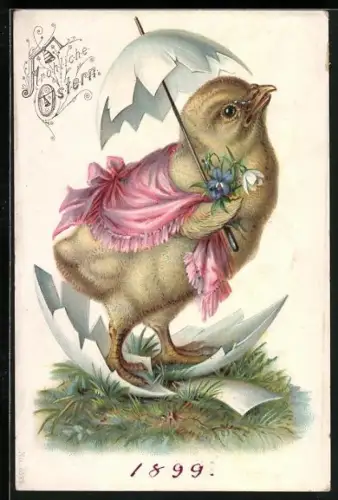 Lithographie Osterküken mit Eierschalenschirm und Blumen, Fröhliche Ostern