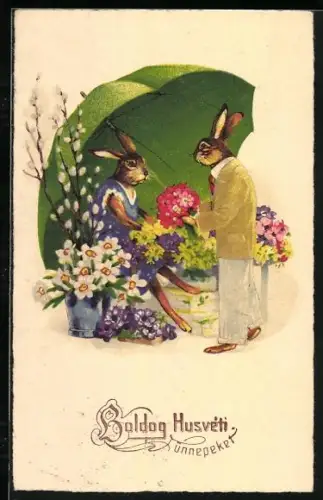 Künstler-AK Osterhase kauft Blumen an einem Stand, Boldog Husveti