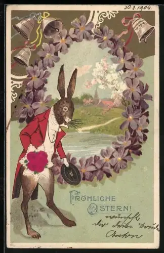 Lithographie Osterhase am Dorfrand mit läutenden Glocken & Veilchen, Fröhliche Ostern