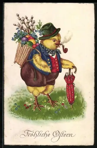 Künstler-AK Osterküken mit einem Korb voll Ostereiern und einem Schirm, Fröhliche Ostern