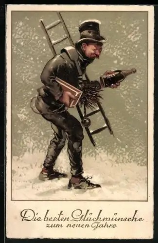 Künstler-AK Schornsteinfeger mit einer Flasche Wein im Schnee, Neujahr