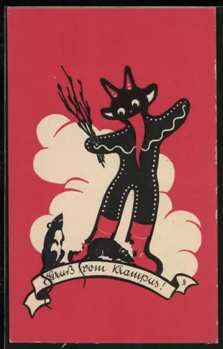 Künstler-AK Lebkuchen-Krampus wird von Ratten angefressen