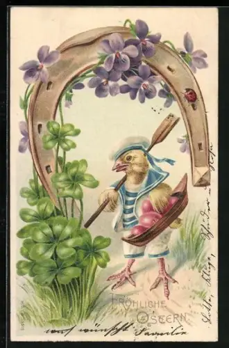 Lithographie Osterküken in Matrosenkleidung mit Ostereiern und Hufeisen