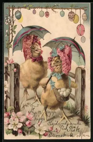 Lithographie Zwei Osterküken mit Hauben und Schirmen