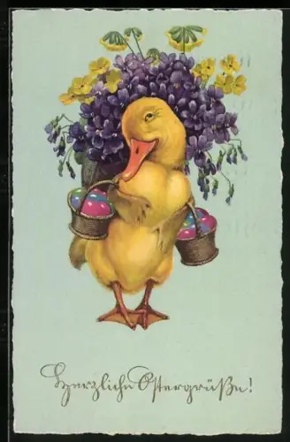 AK Entenküken mit Blumen und Körben voller Ostereier