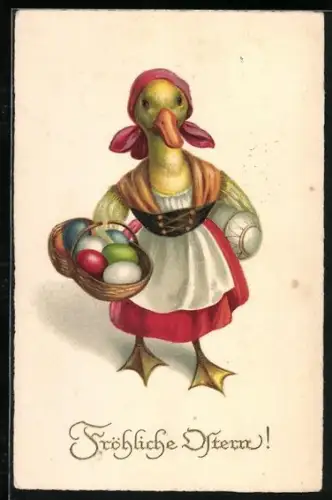 Künstler-AK Osterküken mit Körben voller Ostereier, Fröhliche Ostern