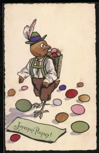 Künstler-AK Osterküken mit einem Korb auf dem Rücken läuft durch Ostereier, Joyeuses Paques