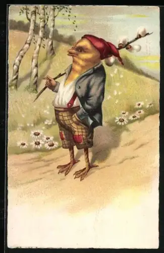 Künstler-AK Osterküken mit Weidenkätzchen auf einem Wanderweg