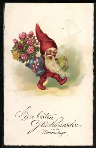 Künstler-AK Zwerg mit Geschenkpaket und Blumenvase mit Rosenstrauss, Die besten Glückwünsche zum Namentage