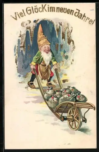 Lithographie Zwerg mit einem Karren voller Geldsäcke, Viel Glück im neuen Jahre