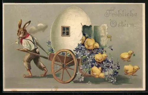 Künstler-AK Osterhasen zieht einen Wagen mit Osterei und Küken, Fröhliche Ostern